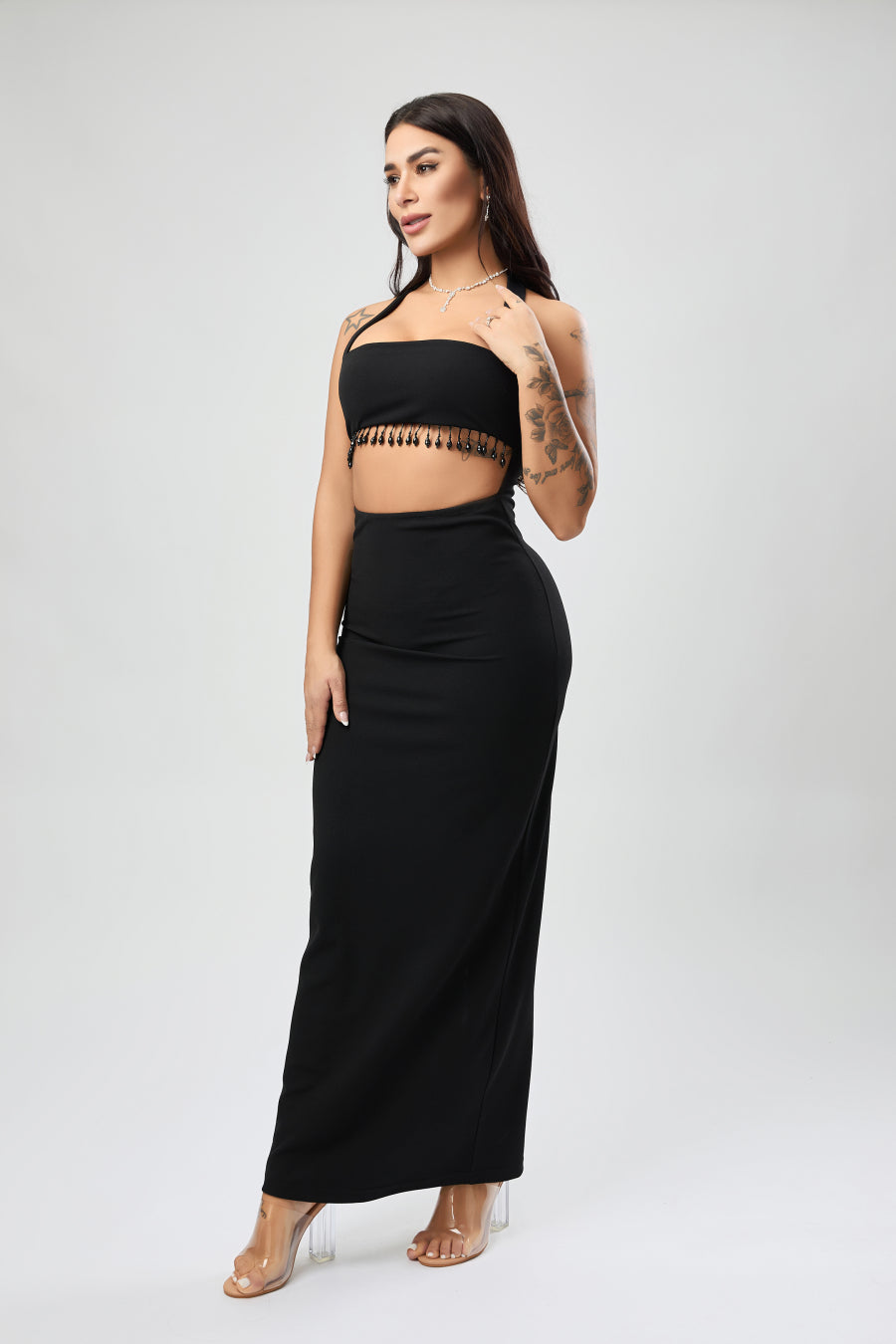 Sexy stylish slight stretch beaded decor hollow midi dress