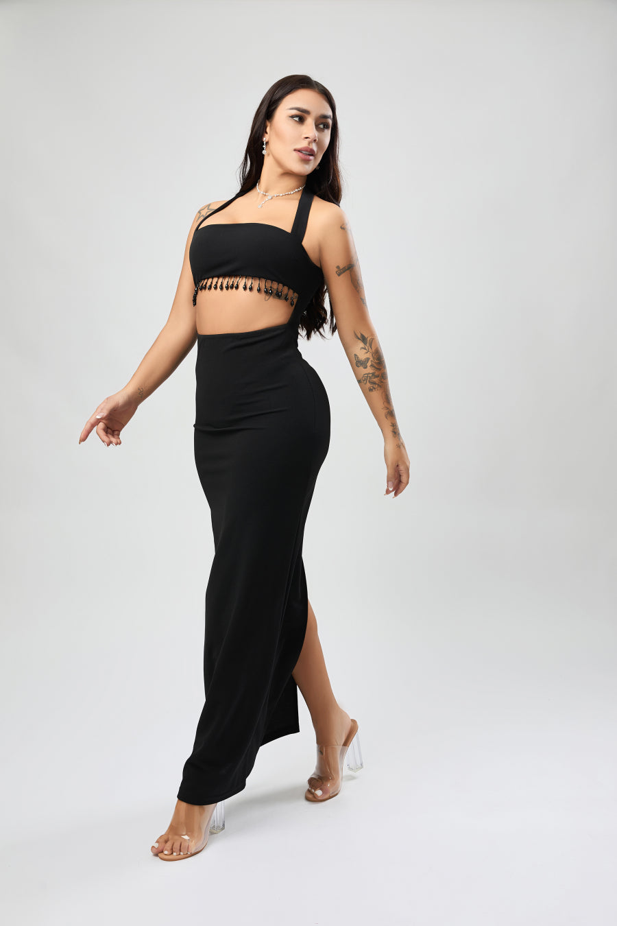 Sexy stylish slight stretch beaded decor hollow midi dress