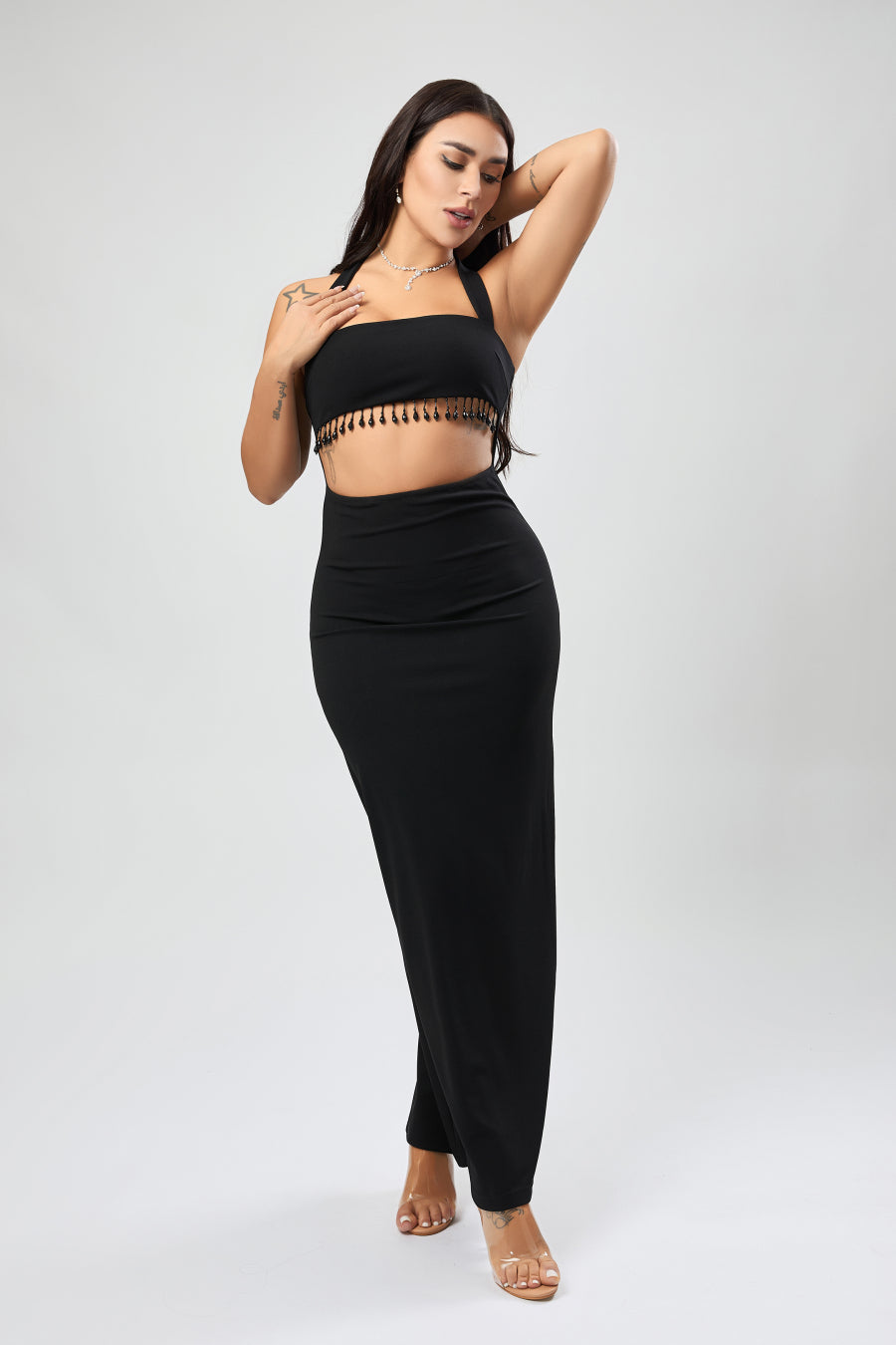 Sexy stylish slight stretch beaded decor hollow midi dress