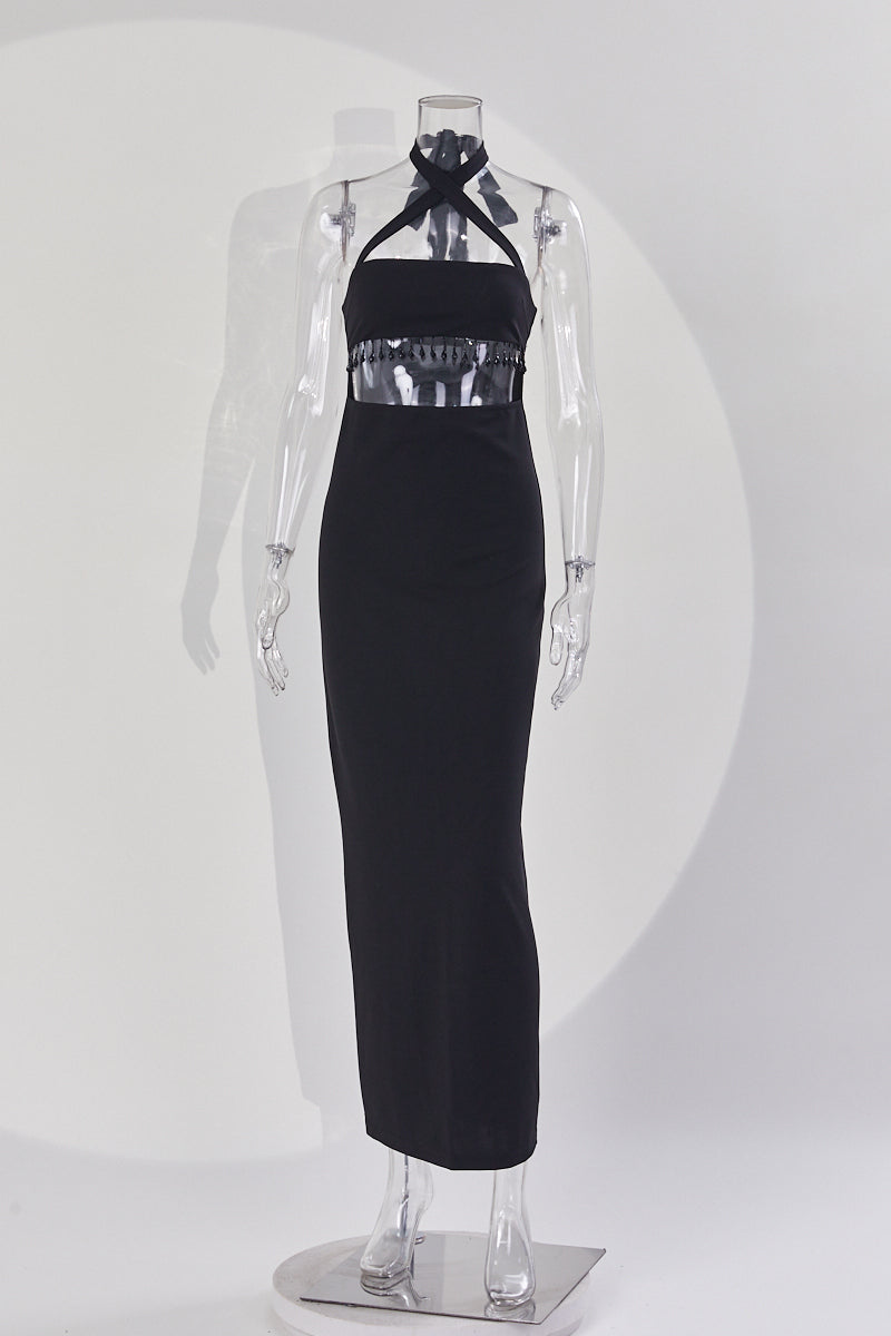 Sexy stylish slight stretch beaded decor hollow midi dress