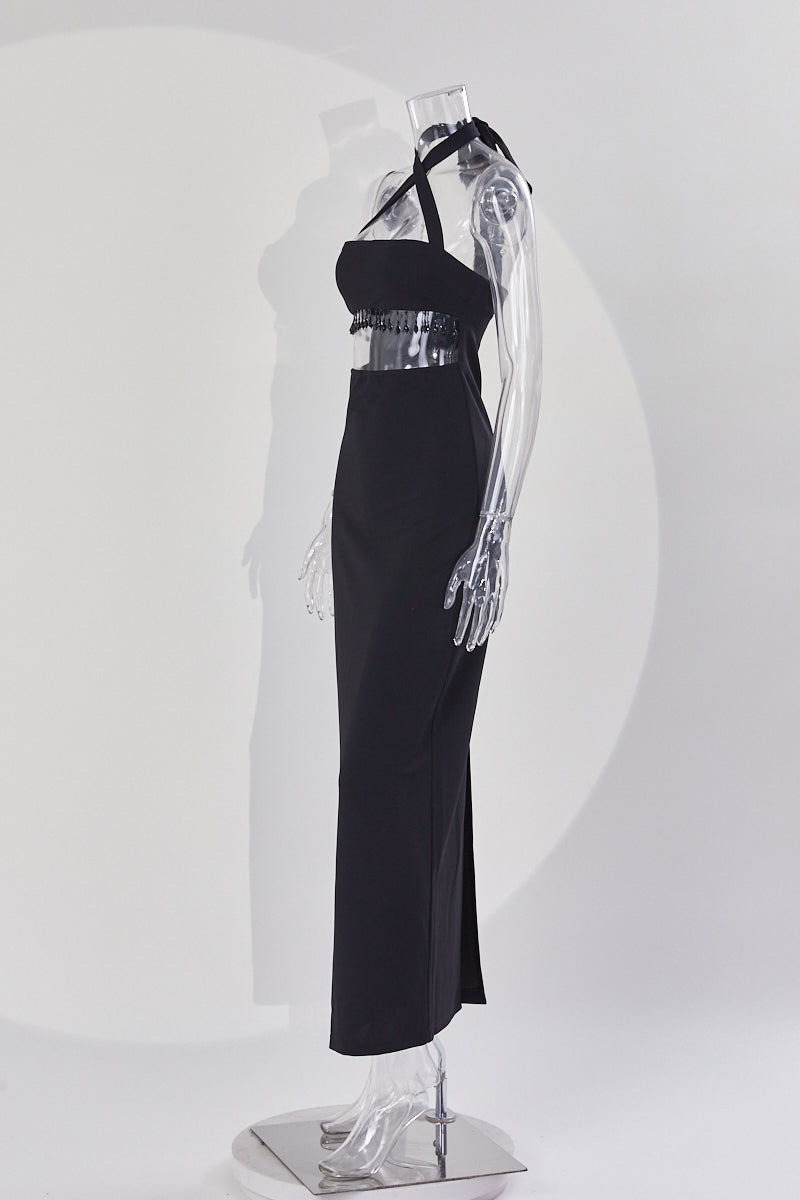 Sexy stylish slight stretch beaded decor hollow midi dress