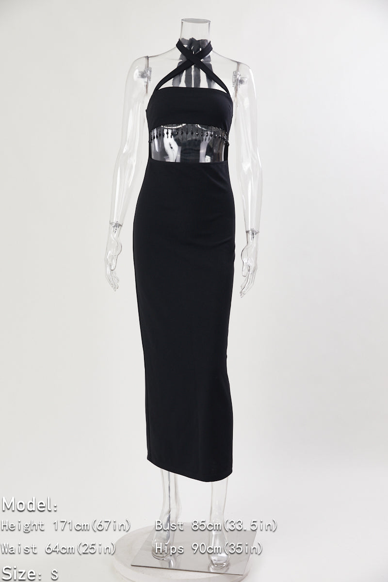 Sexy stylish slight stretch beaded decor hollow midi dress