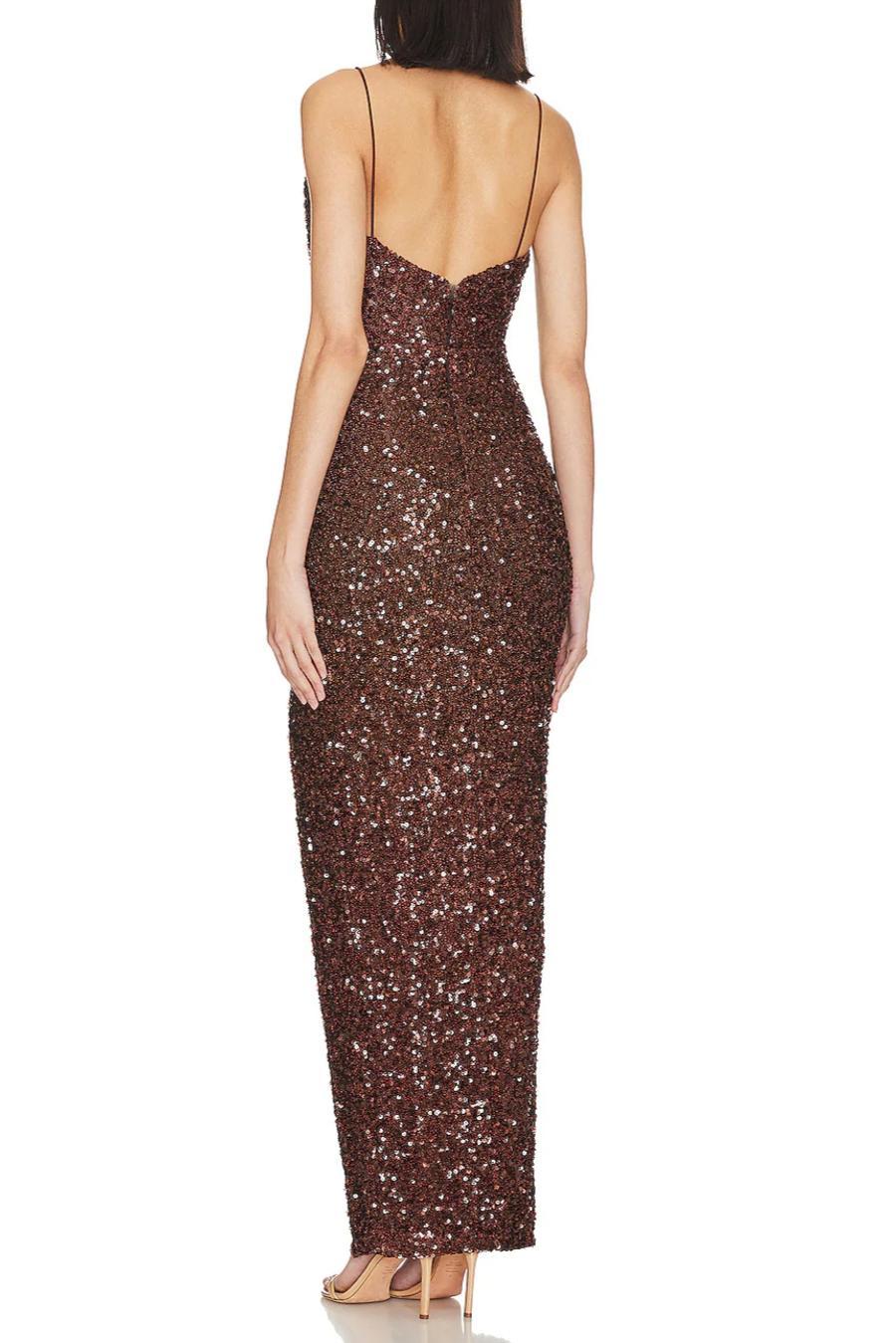 High quality elegant slight stretch sling sequins slim high slit maxi dress