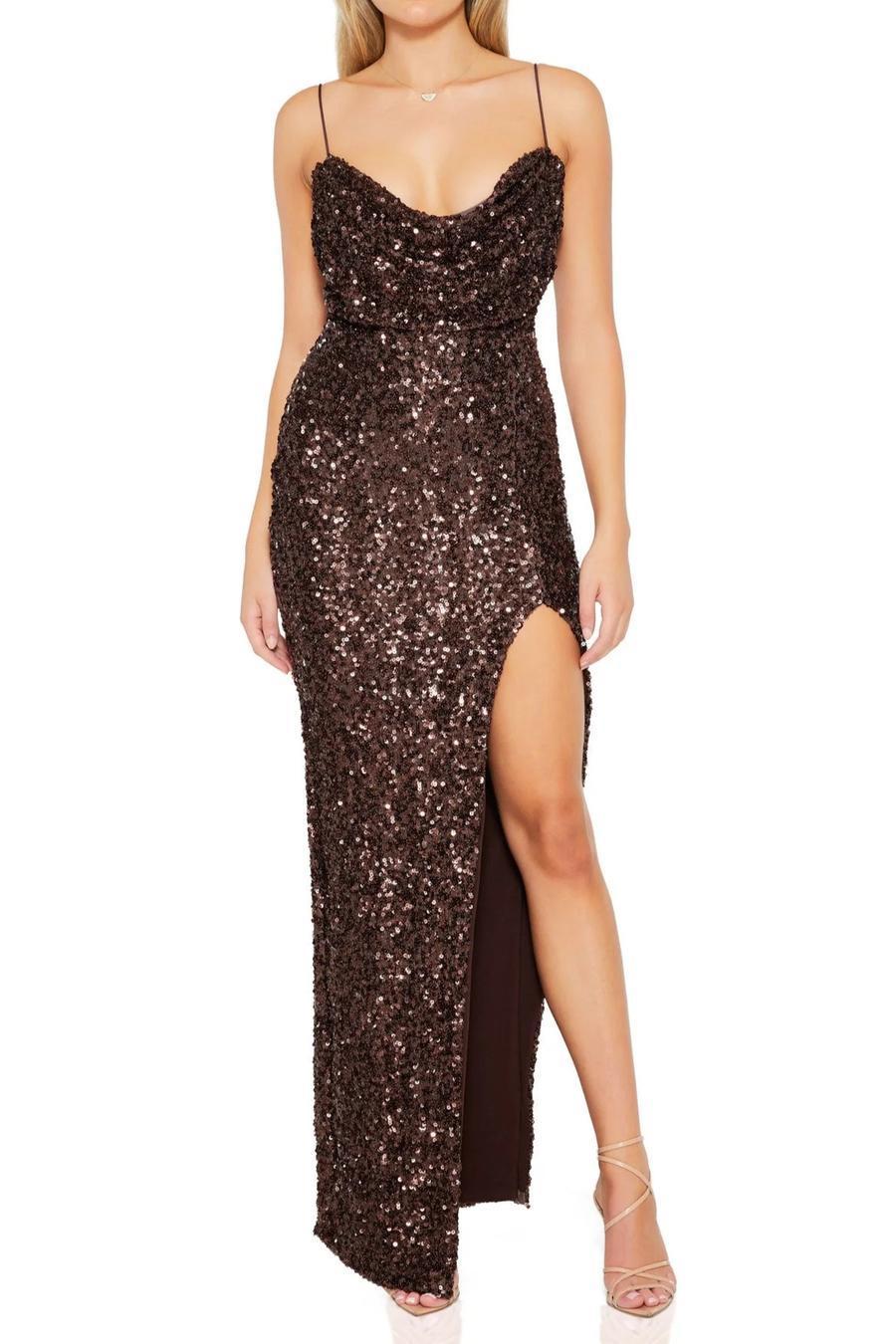 High quality elegant slight stretch sling sequins slim high slit maxi dress