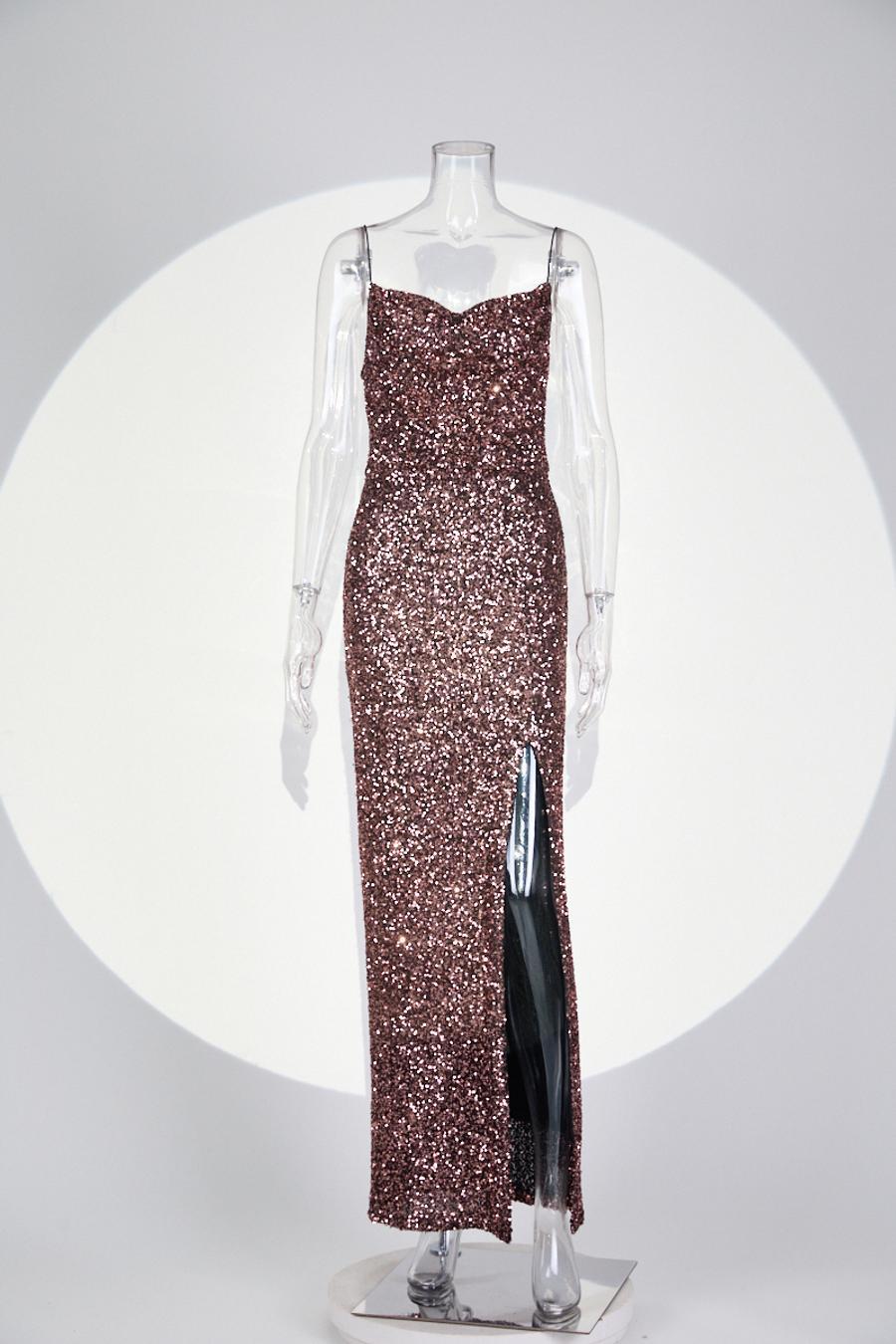 High quality elegant slight stretch sling sequins slim high slit maxi dress