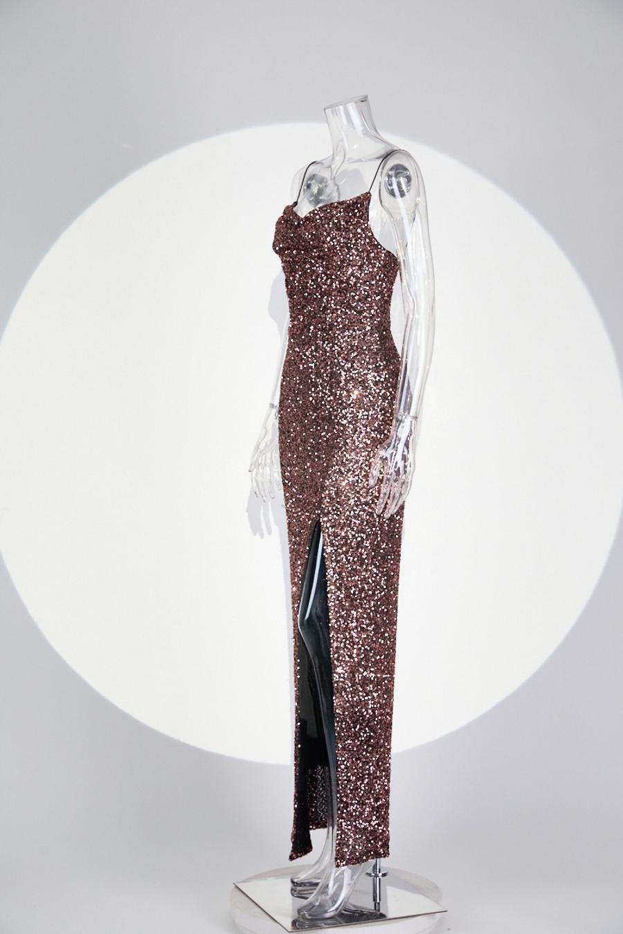 High quality elegant slight stretch sling sequins slim high slit maxi dress