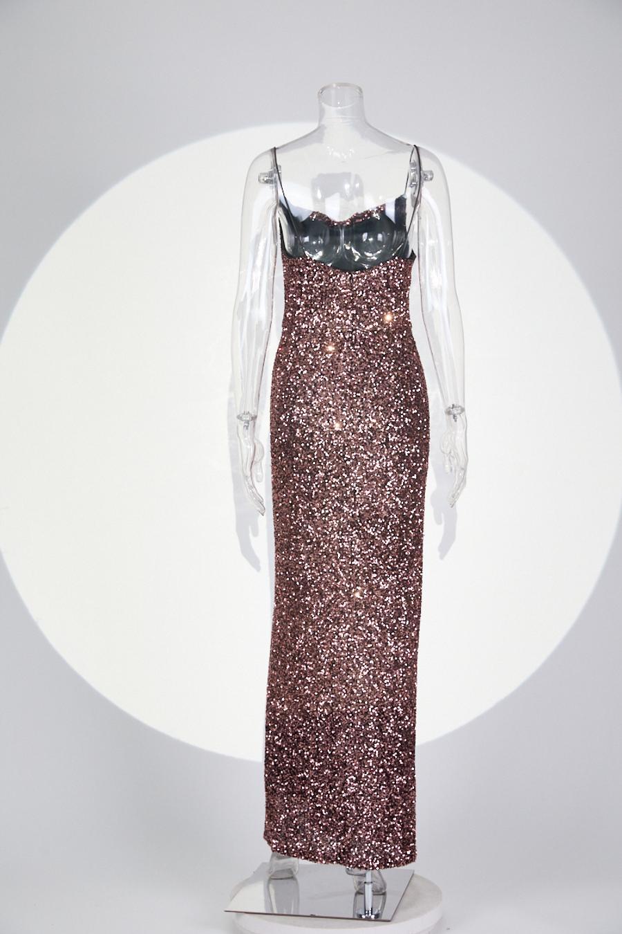 High quality elegant slight stretch sling sequins slim high slit maxi dress