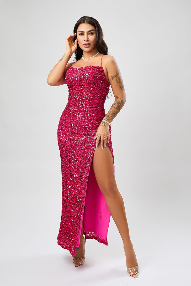 High quality elegant slight stretch sling sequins slim high slit maxi dress