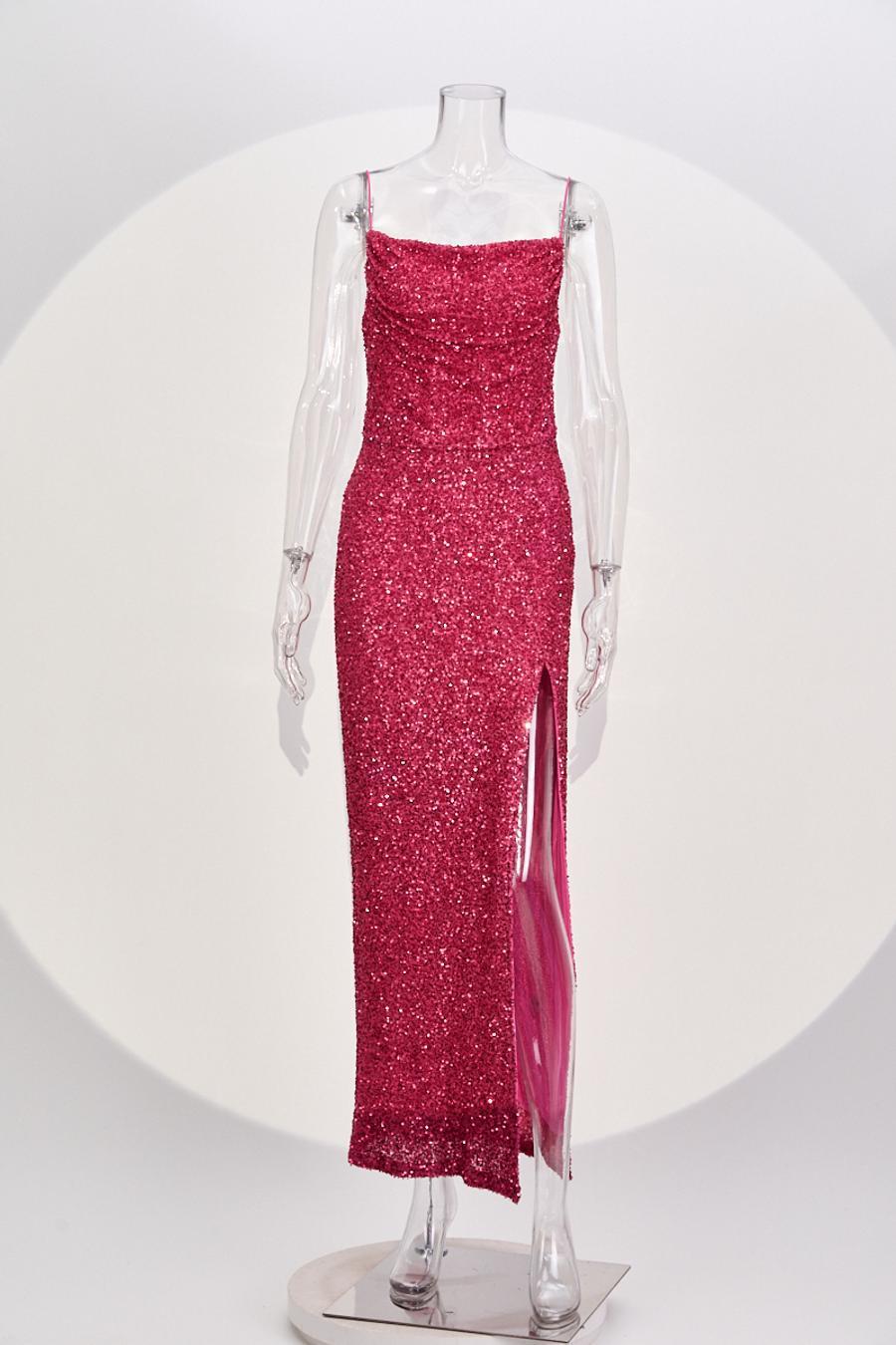 High quality elegant slight stretch sling sequins slim high slit maxi dress