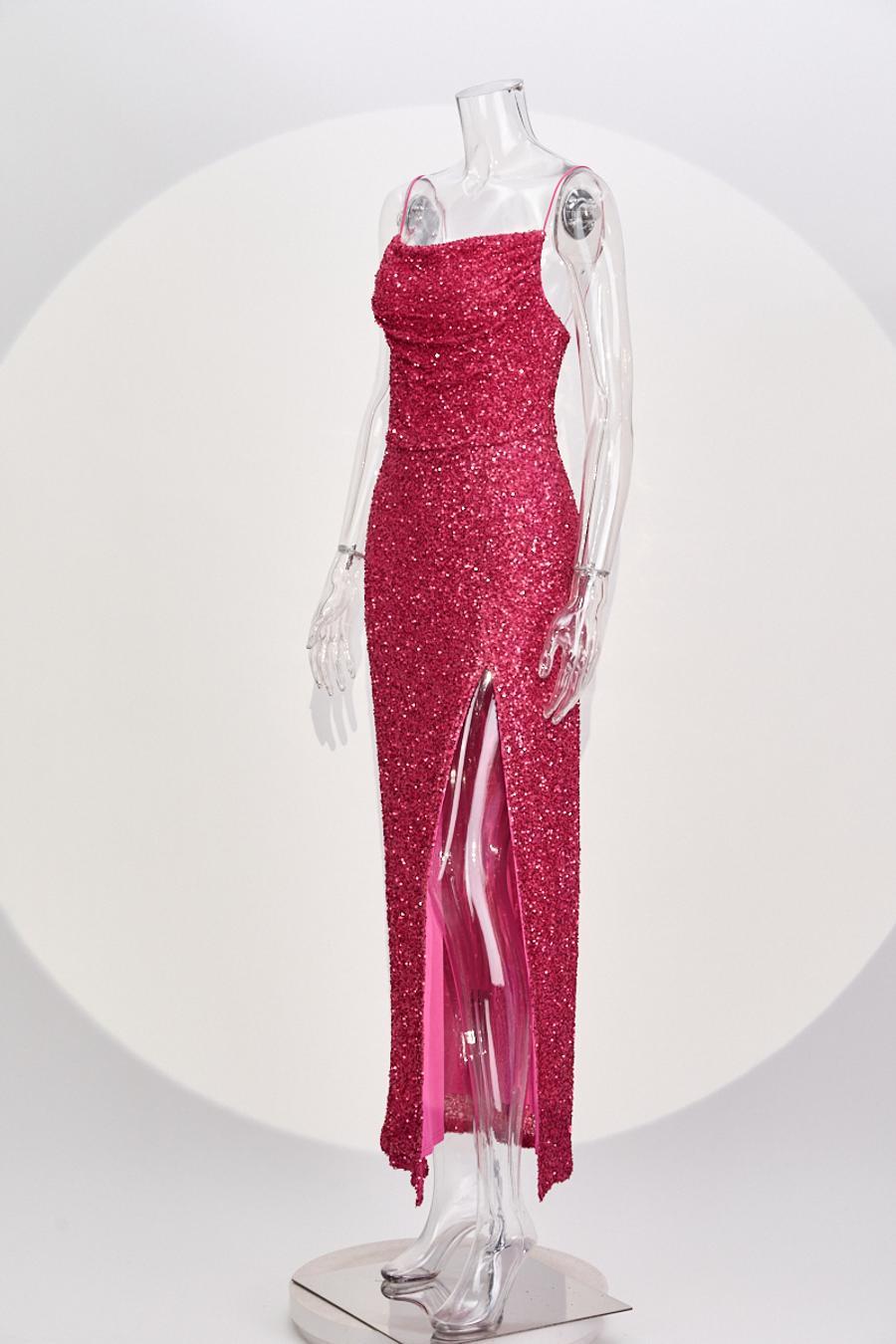 High quality elegant slight stretch sling sequins slim high slit maxi dress