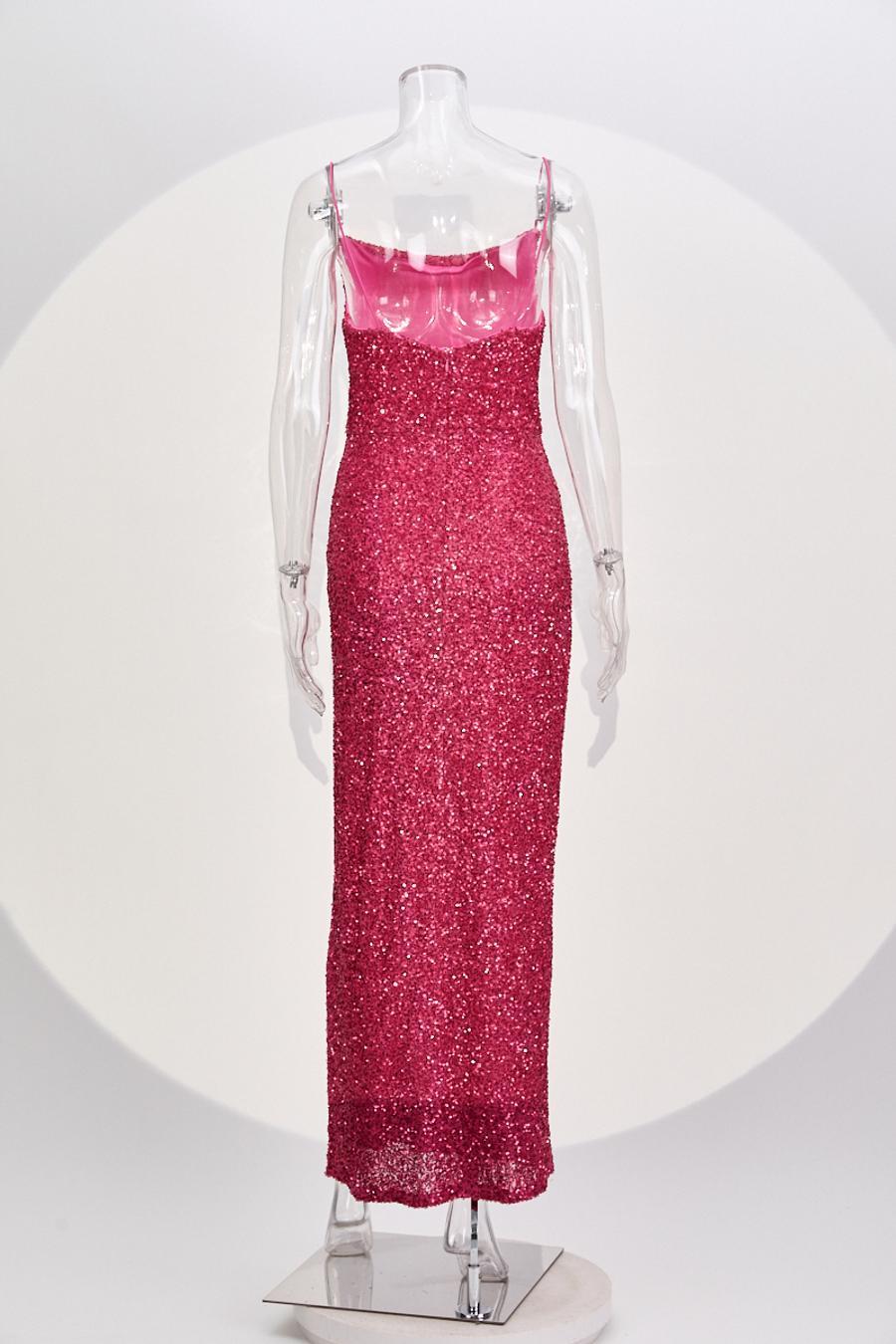 High quality elegant slight stretch sling sequins slim high slit maxi dress