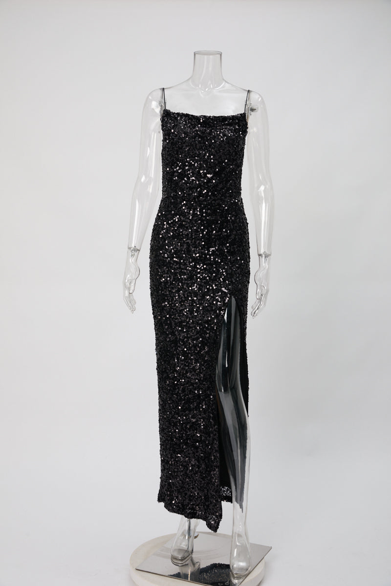 High quality elegant slight stretch sling sequins slim high slit maxi dress