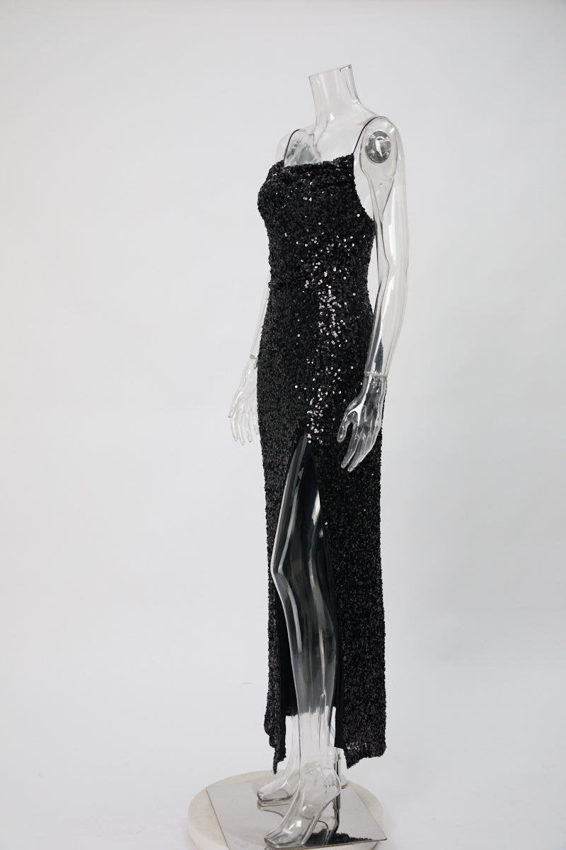 High quality elegant slight stretch sling sequins slim high slit maxi dress
