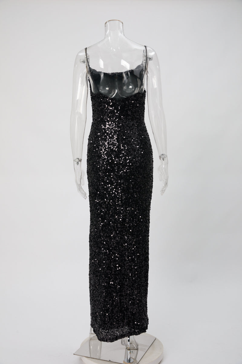 High quality elegant slight stretch sling sequins slim high slit maxi dress