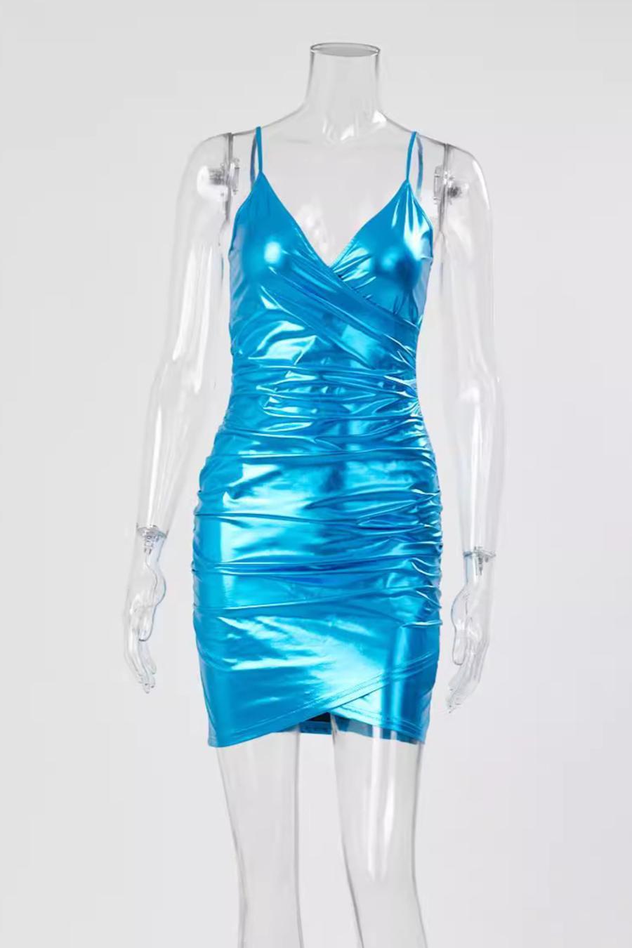 Sexy medium stretch solid color holographic sling tight shirring mini dress