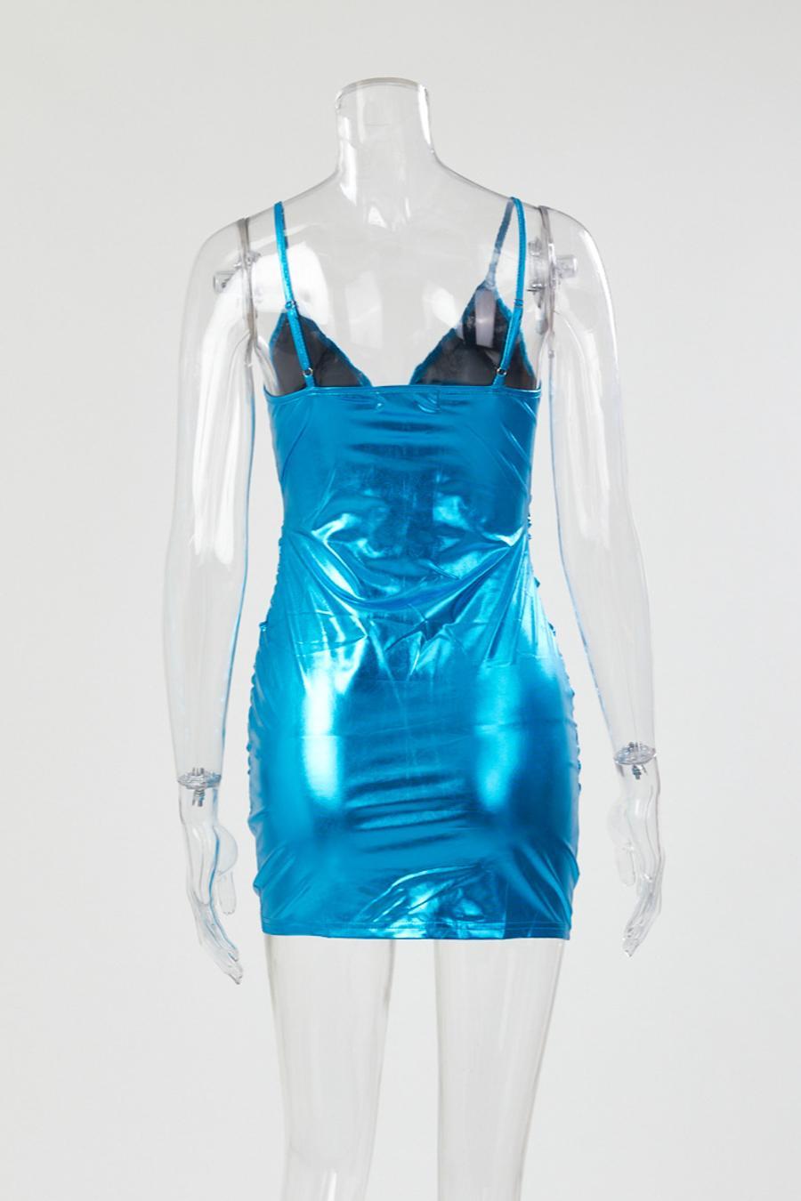 Sexy medium stretch solid color holographic sling tight shirring mini dress