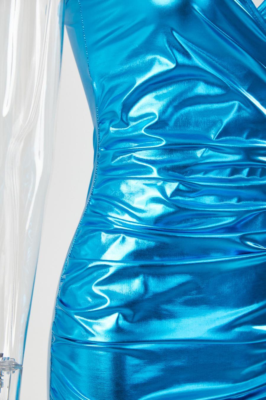 Sexy medium stretch solid color holographic sling tight shirring mini dress