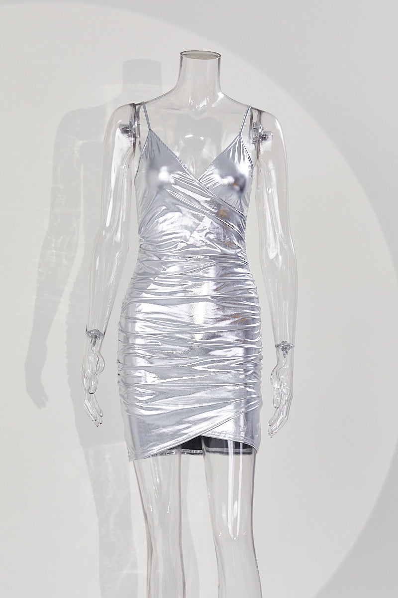Sexy medium stretch solid color holographic sling tight shirring mini dress