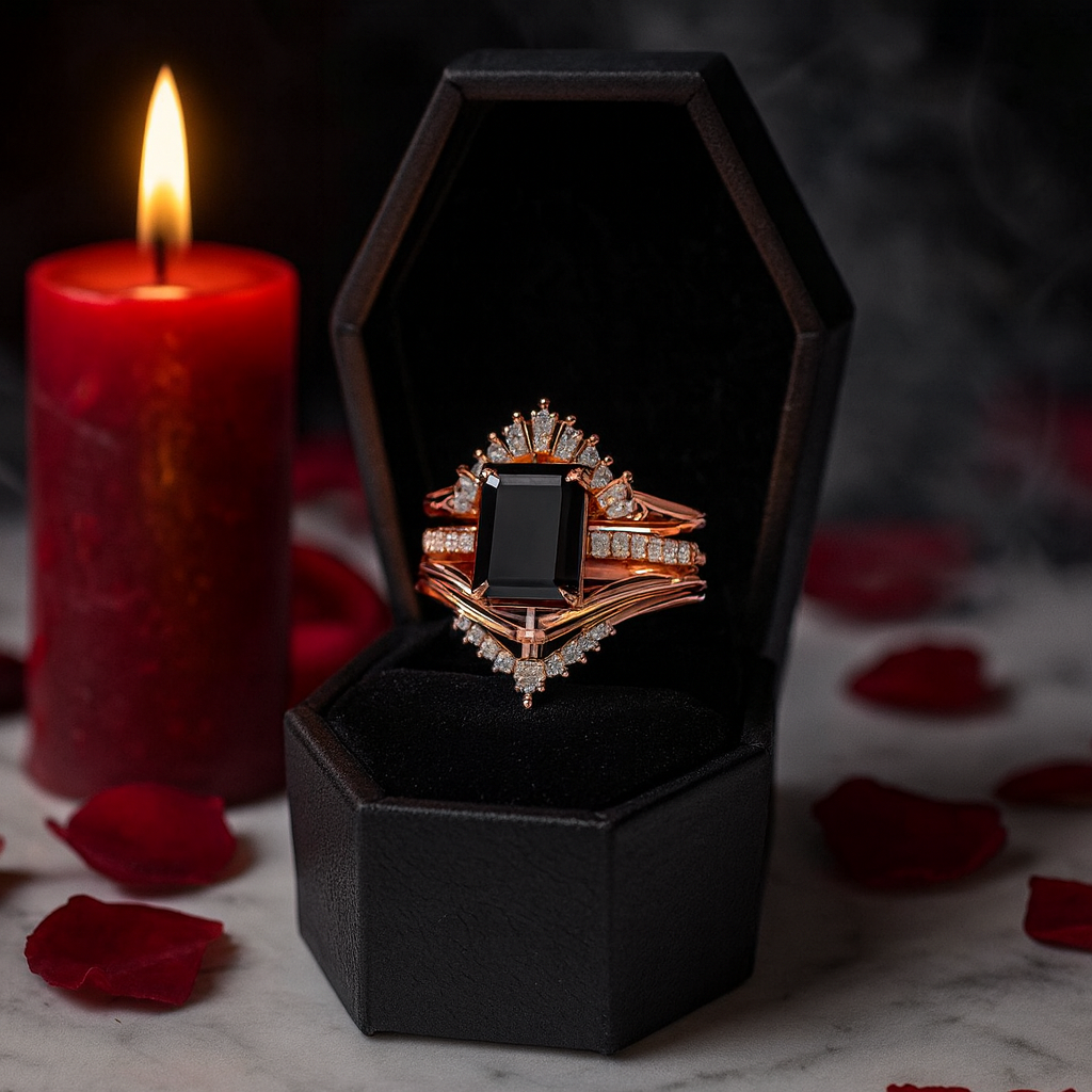 You Are Worth It- Black Emerald Cut Diamond Option Gothic Promise Ring Set