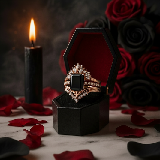 You Are Worth It- Black Emerald Cut Diamond Option Gothic Promise Ring Set