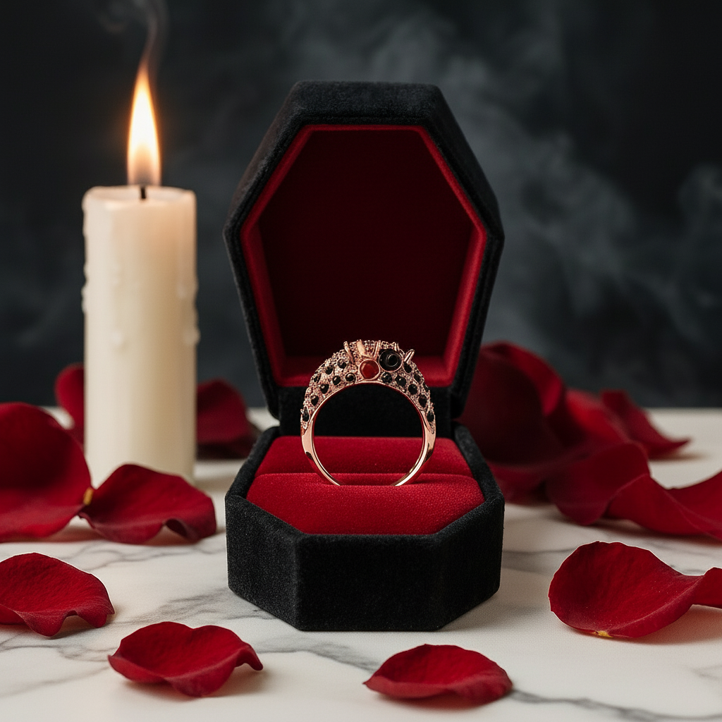 You're My Life- 14K Gold Skull, Cross Black Rose Diamond Option Gothic Promise Ring