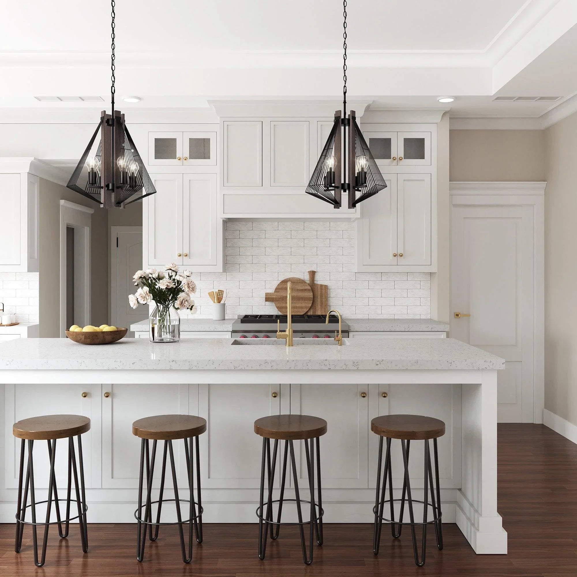 Zenith 4-Light Black & Wood Dimmable Island Pendant Light