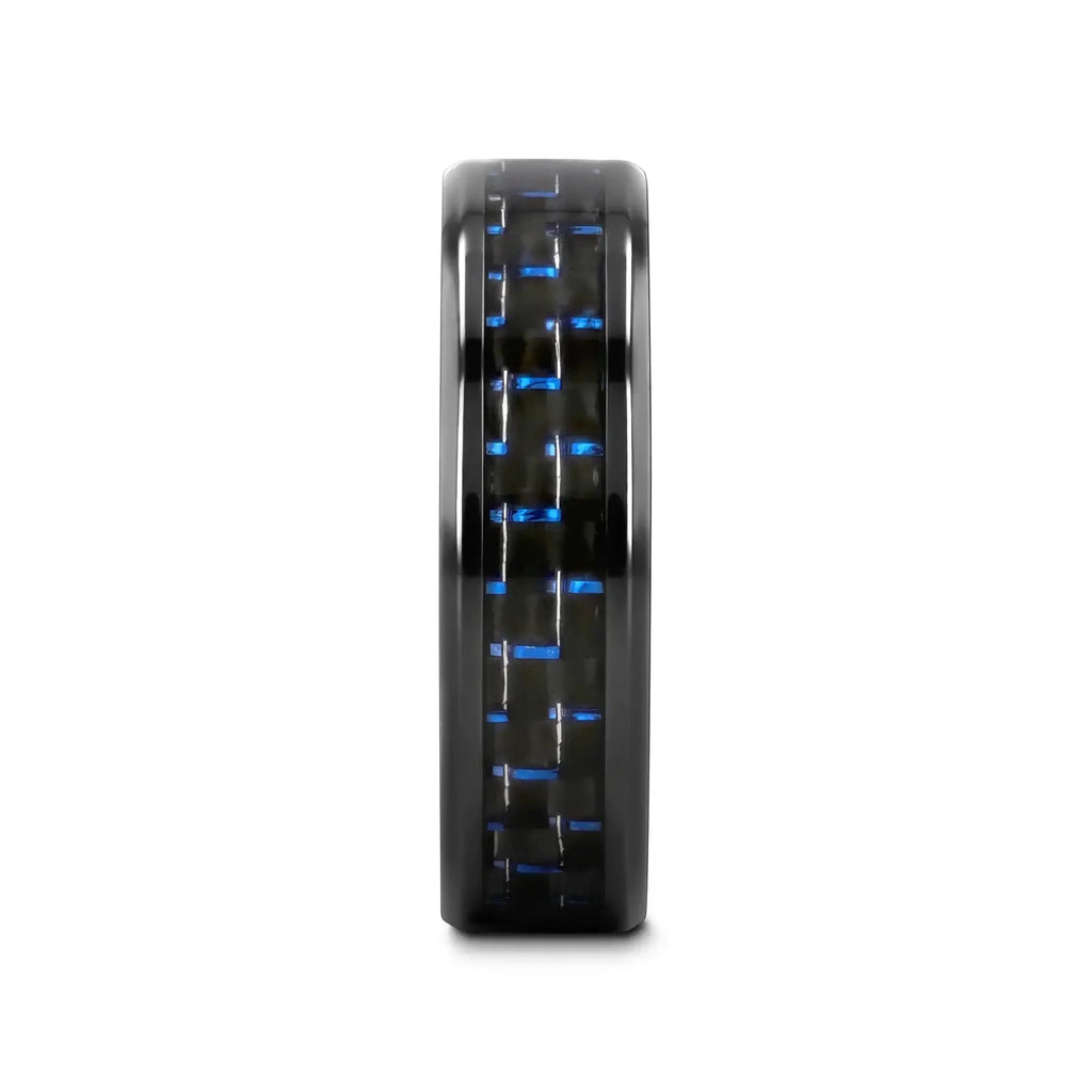 ZAYDEN Black Titanium Ring with Blue & Black Carbon Fiber Inlay and Bevels - 8mm