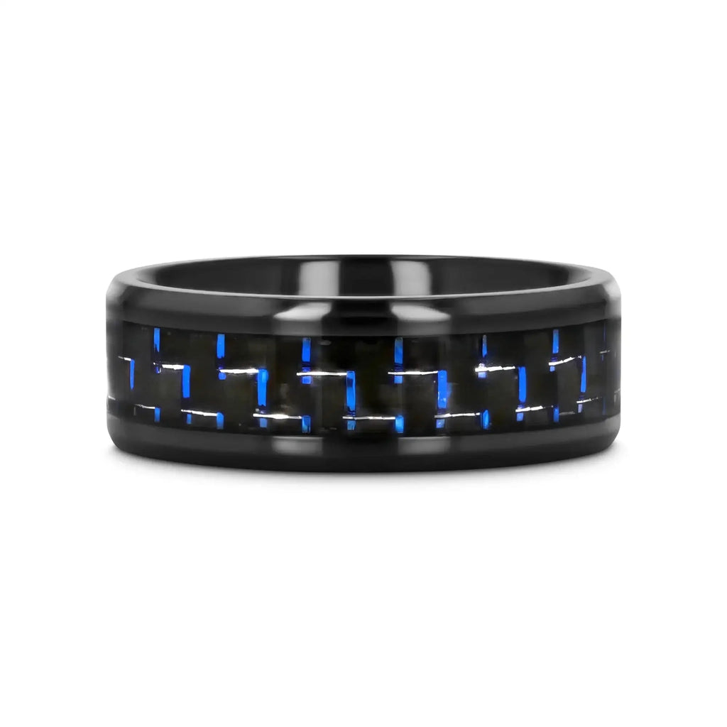 ZAYDEN Black Titanium Ring with Blue & Black Carbon Fiber Inlay and Bevels - 8mm