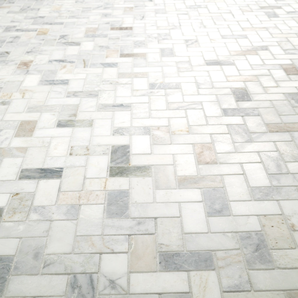 Arabescato Venato White 1"x2" Herringbone Honed Marble Mesh Mounted Mosaic Tile - MSI Collection