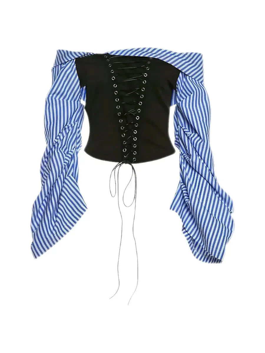 'Austin' Office Siren Striped Corset Long Sleeve Shirts