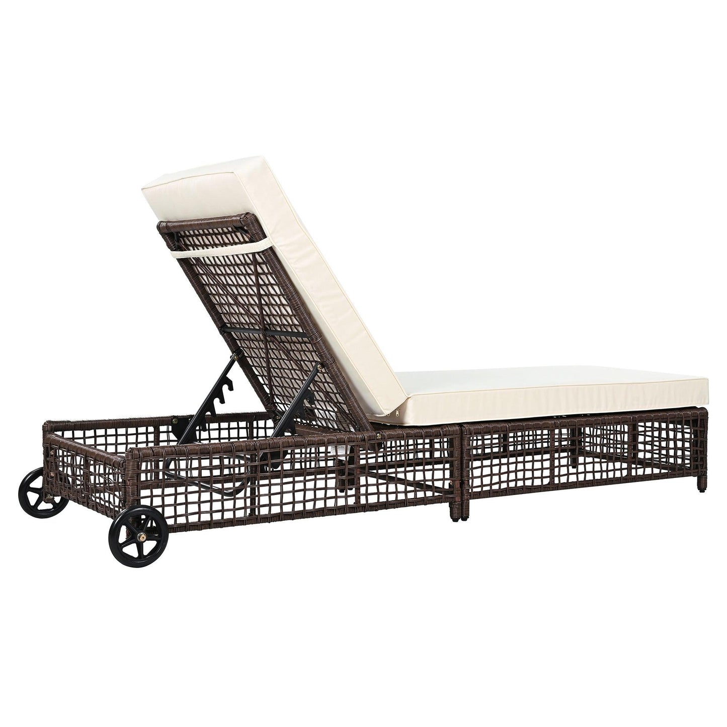 Outdoor Lounge Chair, Patio Chaise Lounge with 5-Position Backrest, Rattan Outdoor Lounge Chair with Cushion and Wheels for Poolside, Backyard, Garden