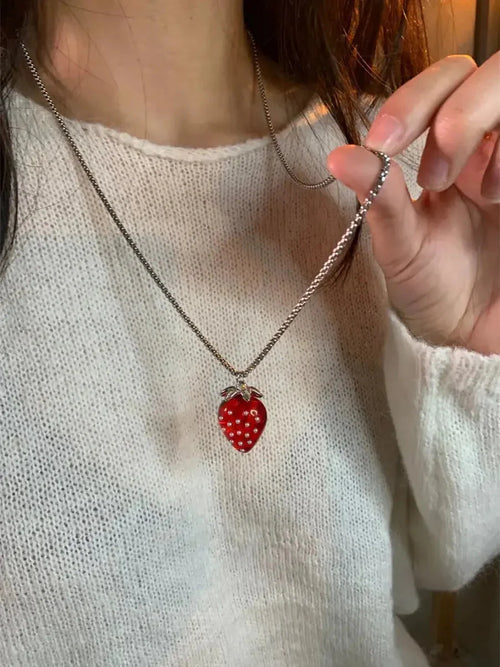 'Strawberry Dream'Y2k Clear Red Sweater Necklace