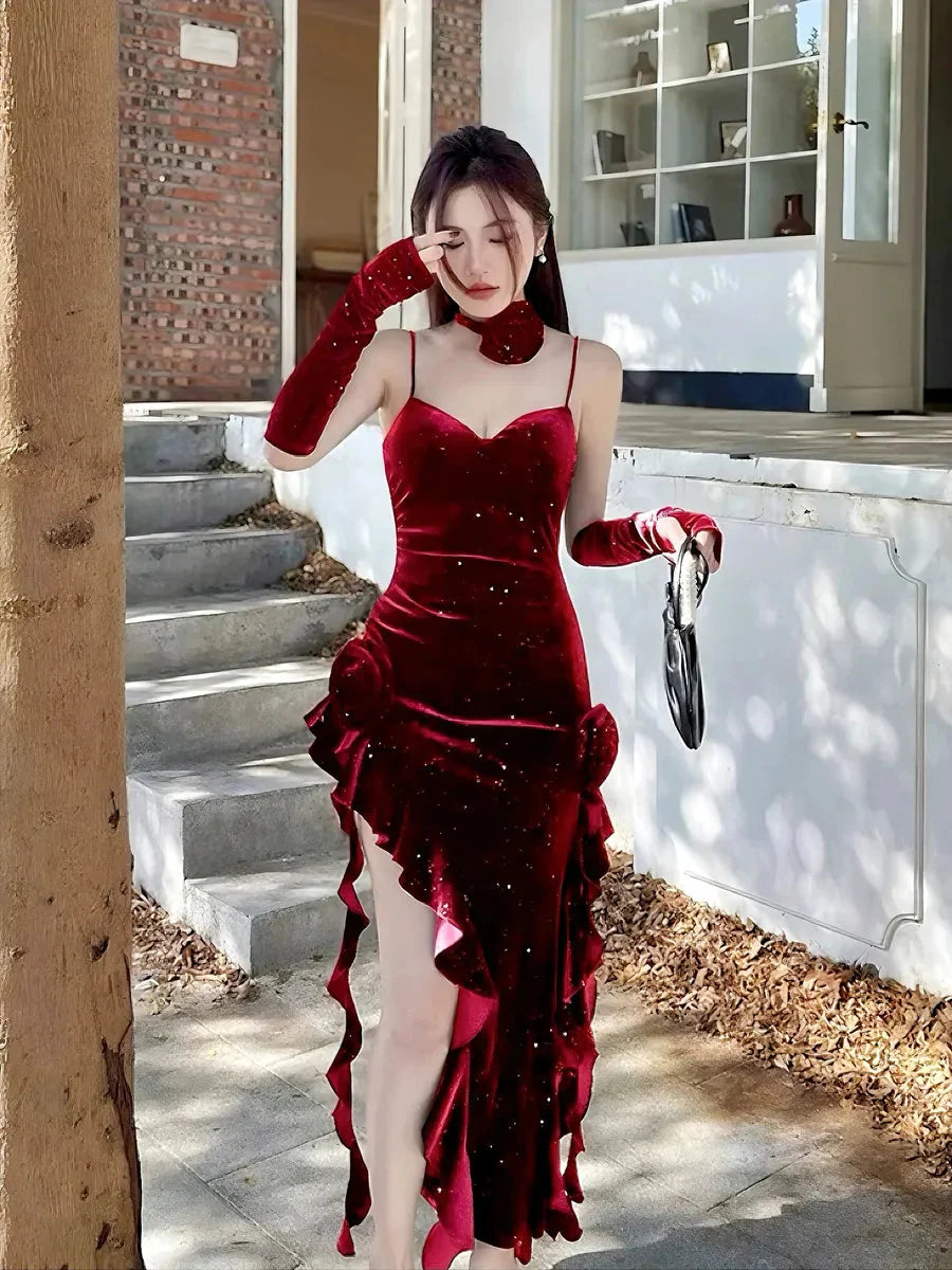 'Red Rose' Holiday Red Hollow Out Lace Velvet Dress