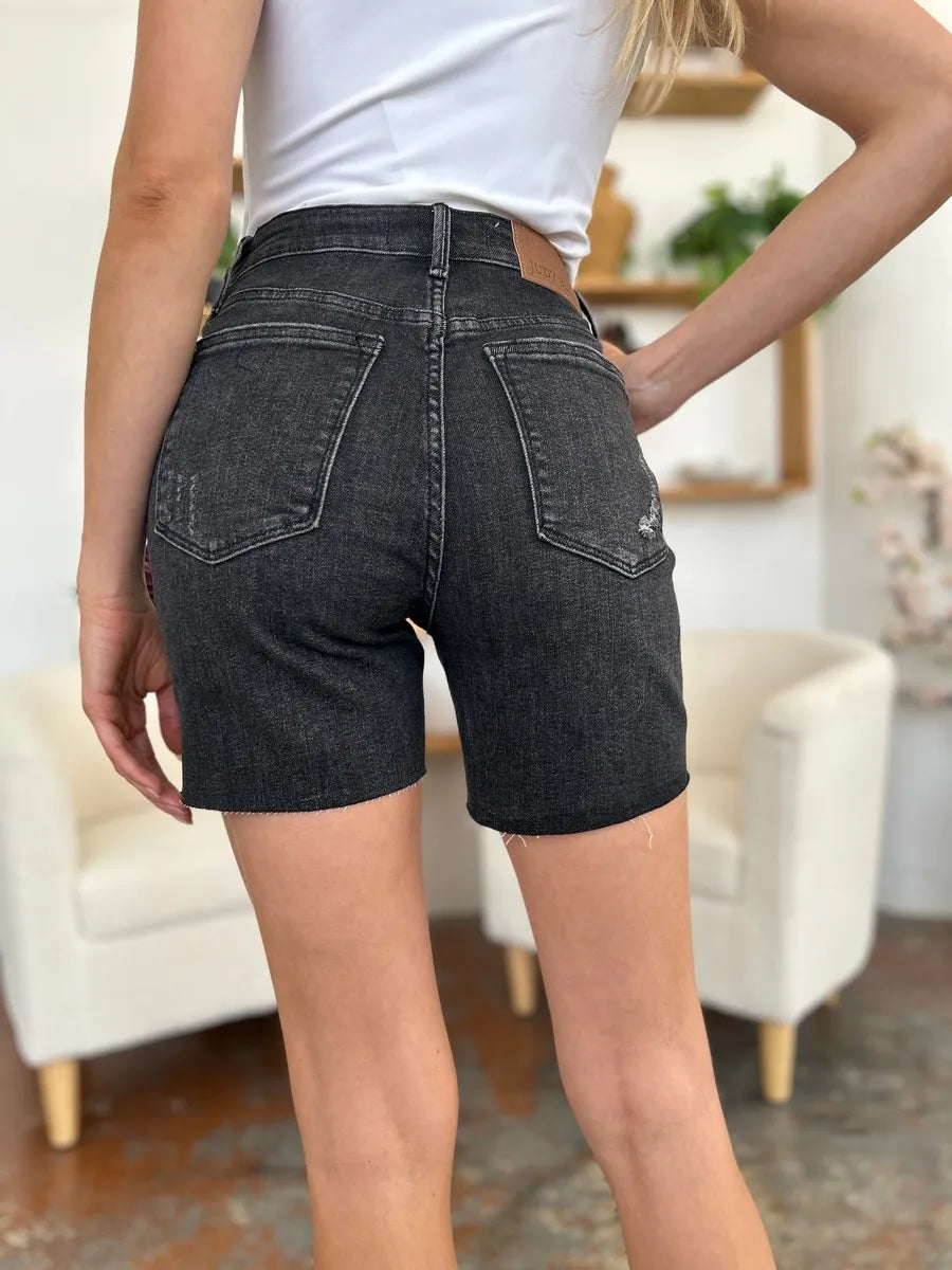Judy Blue high waist rigid magic denim shorts – back view with pockets and coverage
