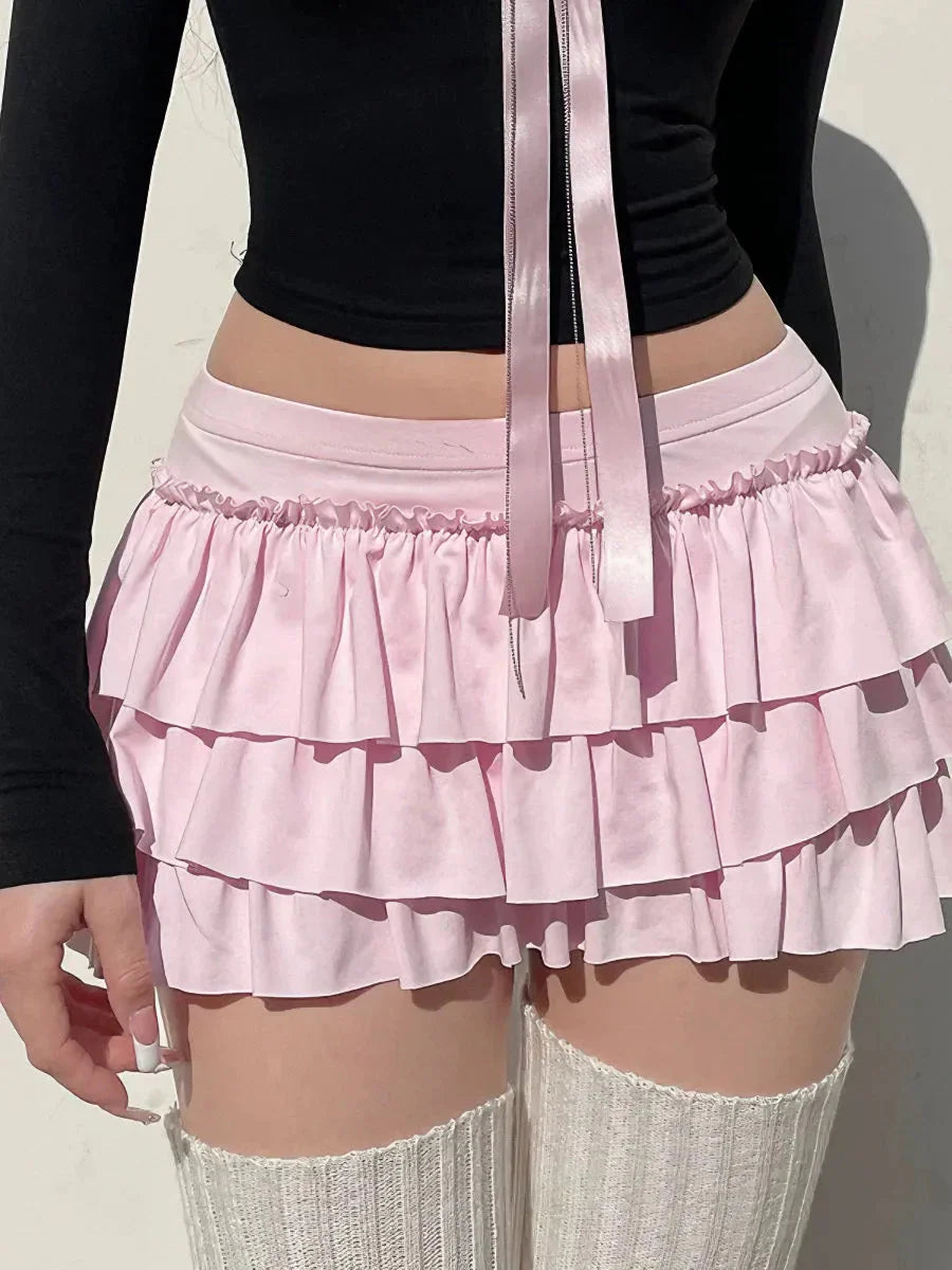Pink coquette ribbon ruffled mini skort for women