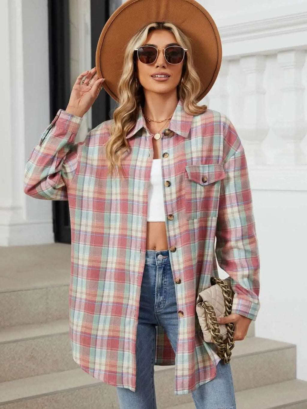 Trendsi Plaid Collared Shirt Long Sleeve — Casual Dusty Pink