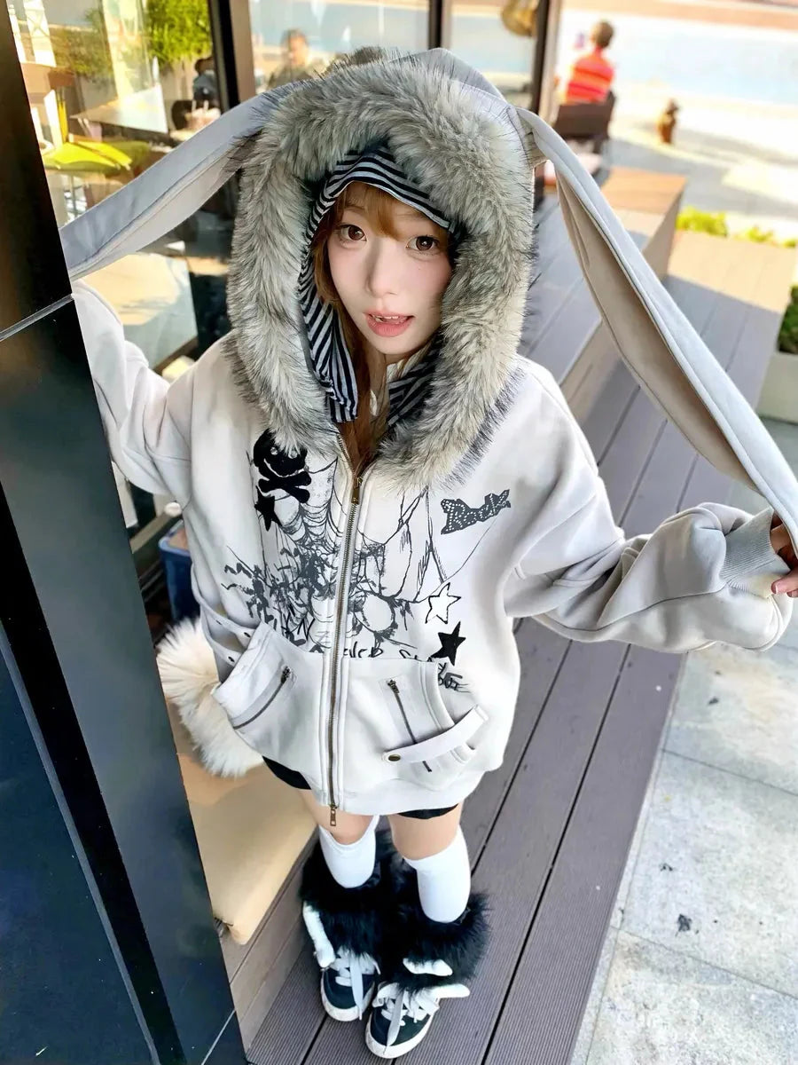'Basement Rabbit ' Punk Harajuku Fluffy Hood Bunny Ears Hoodie