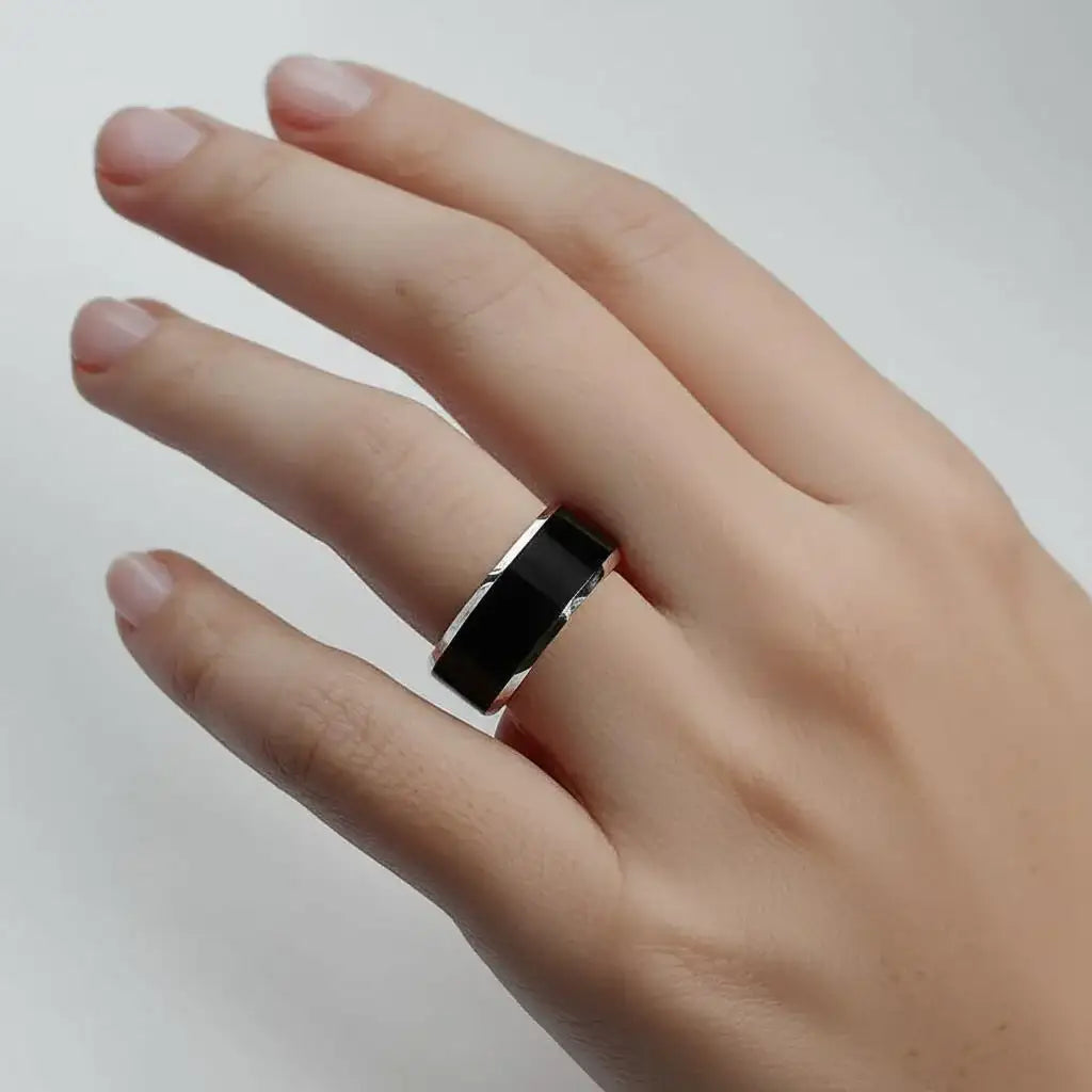 MACLAREN Black Polished Center Tungsten Wedding Band with Polished Gray Beveled Edges, 4mm–8mm