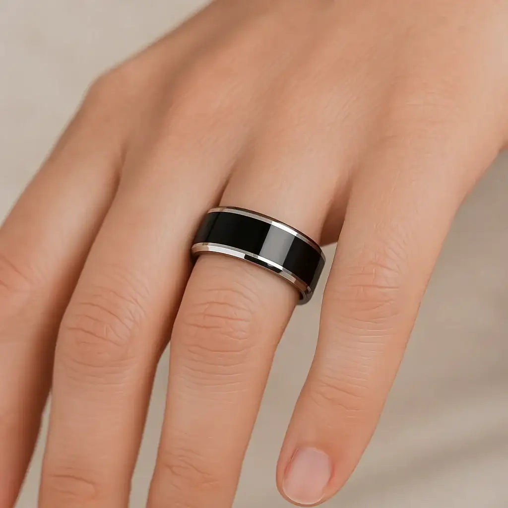MACLAREN Black Polished Center Tungsten Wedding Band with Polished Gray Beveled Edges, 4mm–8mm