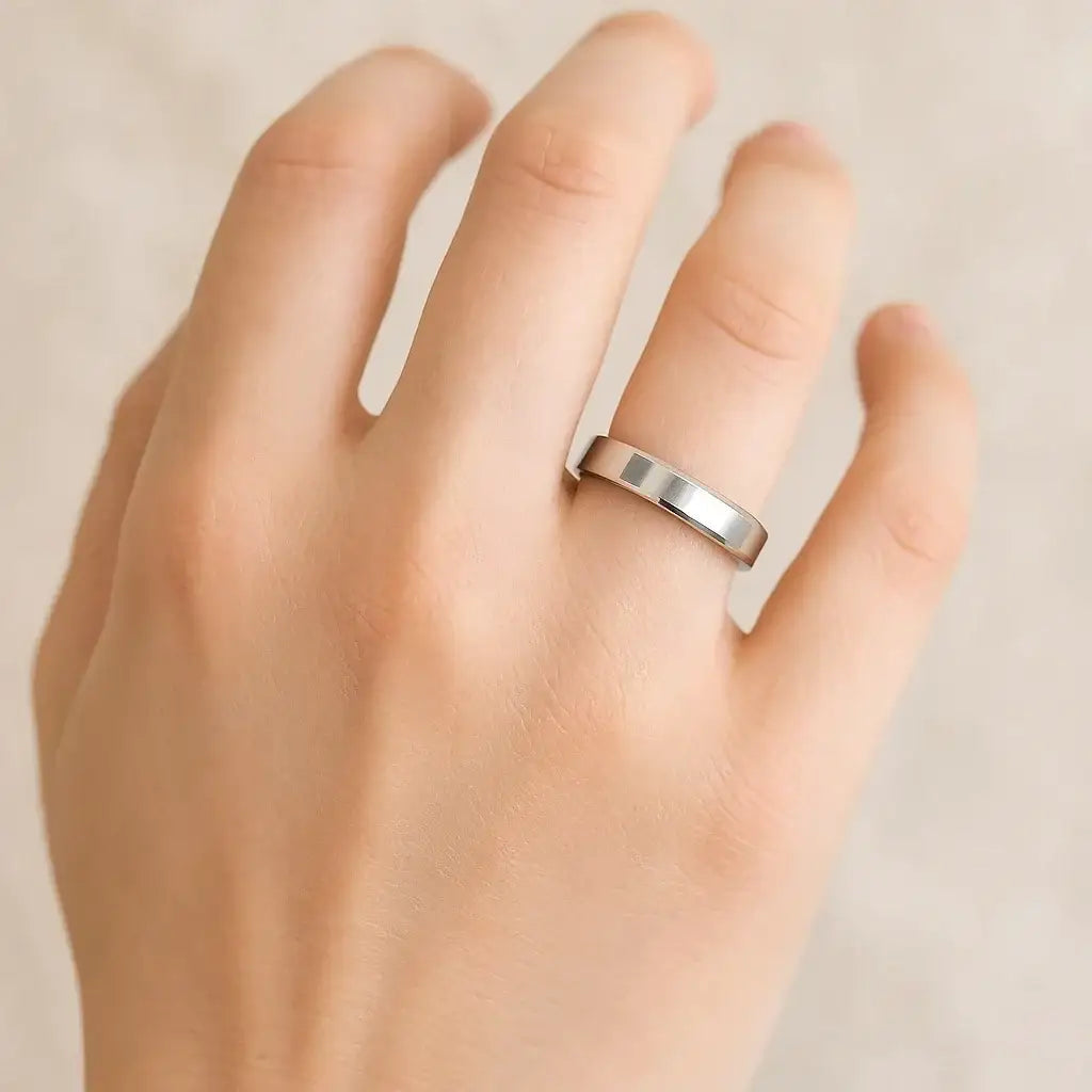 LUCY Sterling Silver Polished Flat-Center Women’s Wedding Band with Beveled Edges - 4mm