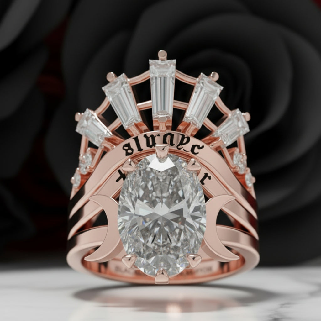 Always and Forever Promise Rings - Oval Cut Diamond Option Gothic Bridal Set in 14K Rose Gold
