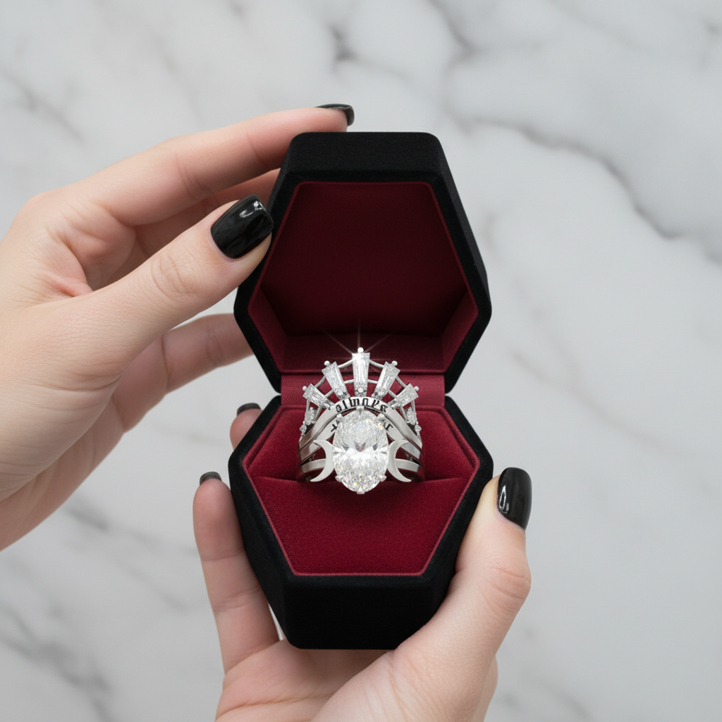 Always and Forever Promise Rings - Oval Cut Diamond Option Gothic Bridal Set in 14K Rose Gold