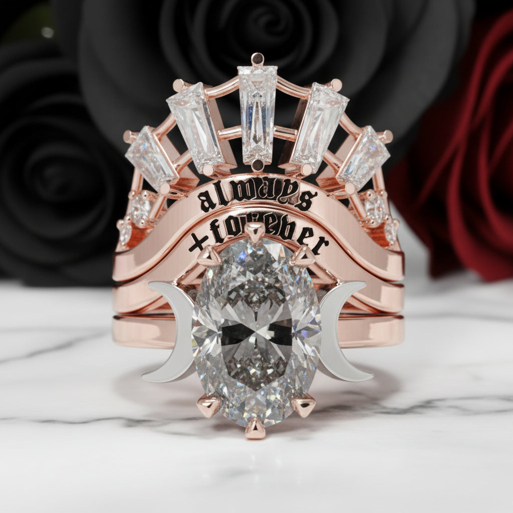 Always and Forever Promise Rings - Oval Cut Diamond Option Gothic Bridal Set in 14K Rose Gold