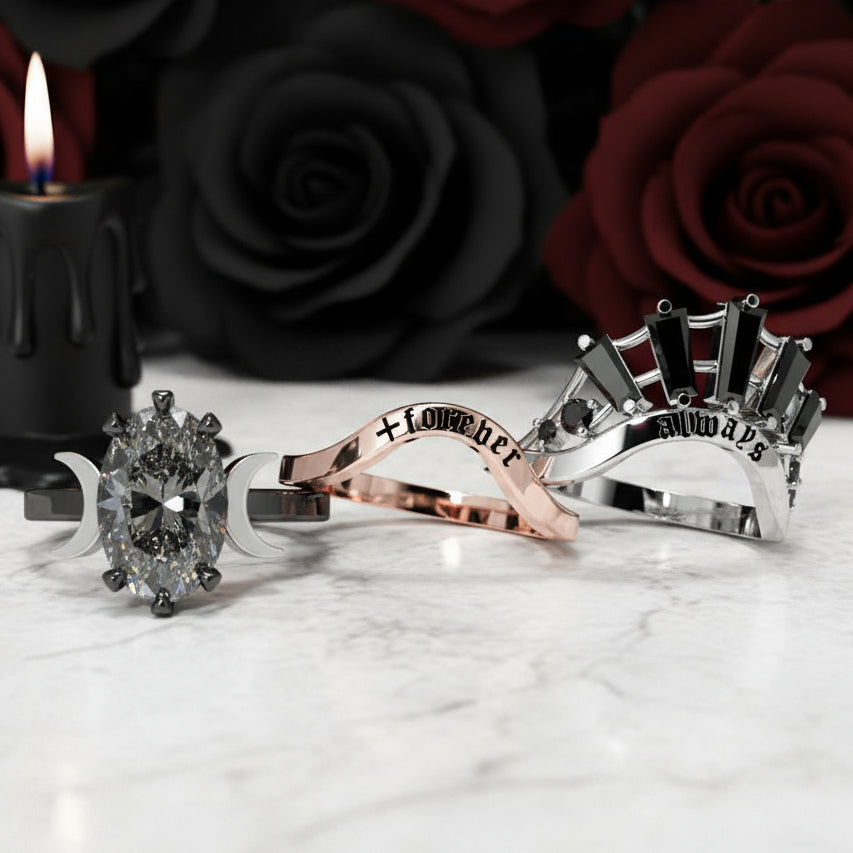 Always and Forever Promise Rings - Oval Cut Diamond Option Gothic Bridal Set in 14K Rose Gold
