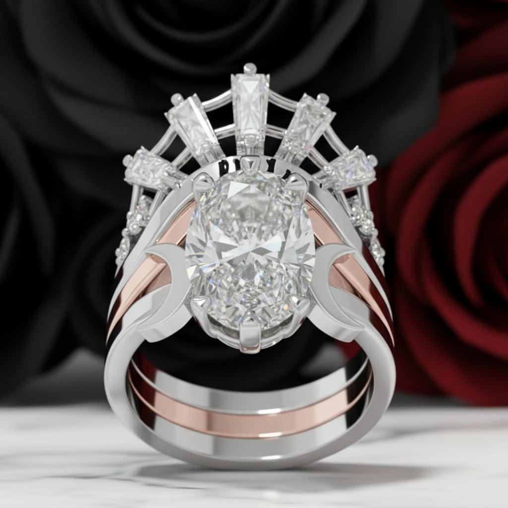 Always and Forever Promise Rings - Oval Cut Diamond Option Gothic Bridal Set in 14K Rose Gold