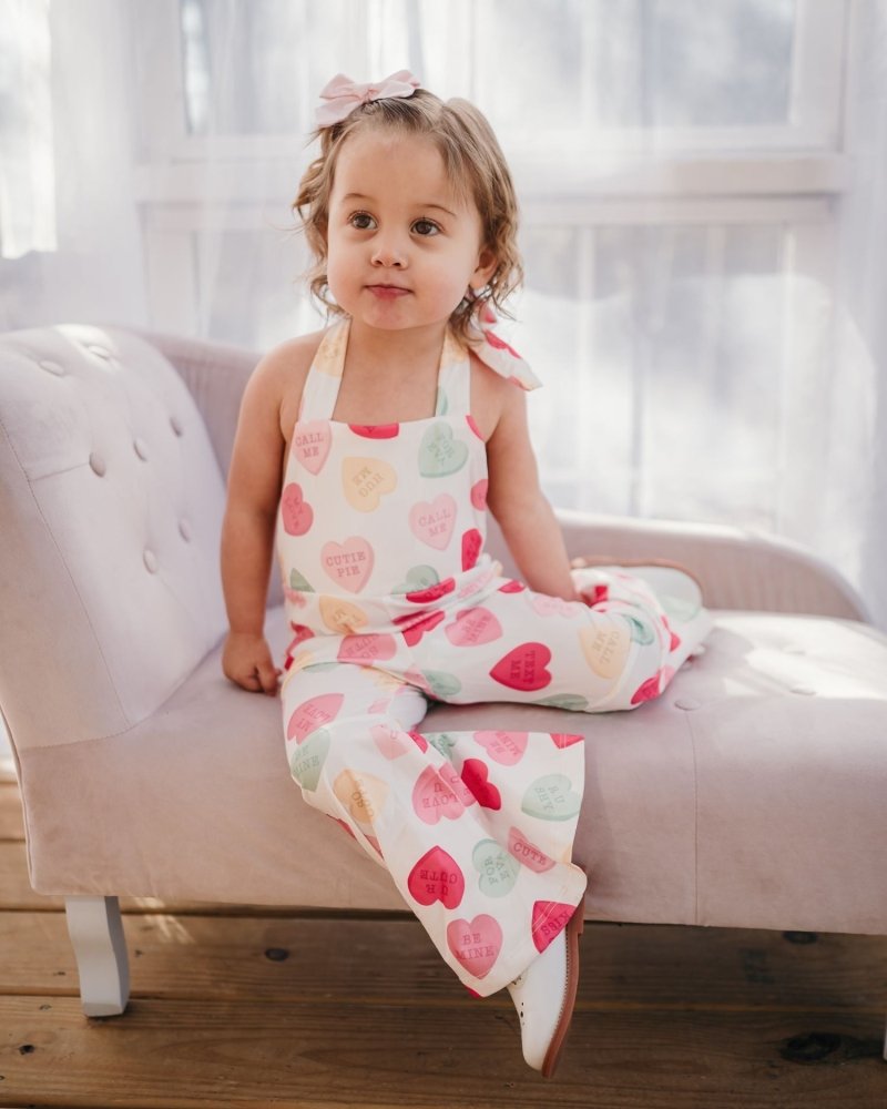 Andi Pleated Bell Bottom Jumpsuit - Conversation Hearts