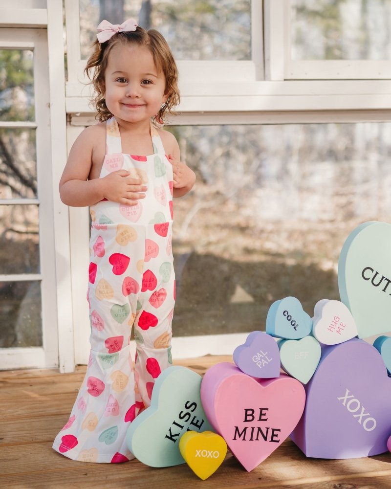 Andi Pleated Bell Bottom Jumpsuit - Conversation Hearts