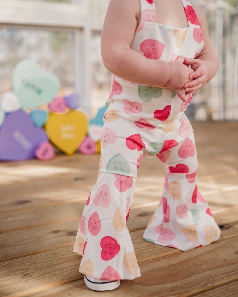 Andi Pleated Bell Bottom Jumpsuit - Conversation Hearts