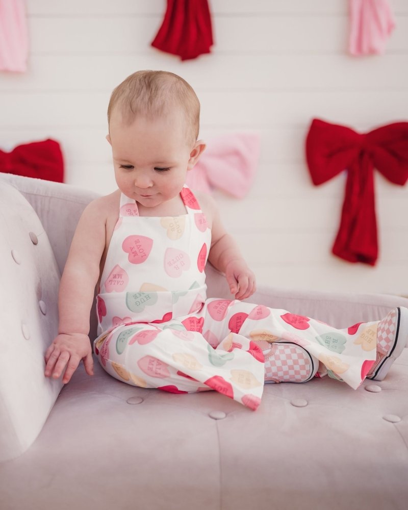 Andi Pleated Bell Bottom Jumpsuit - Conversation Hearts