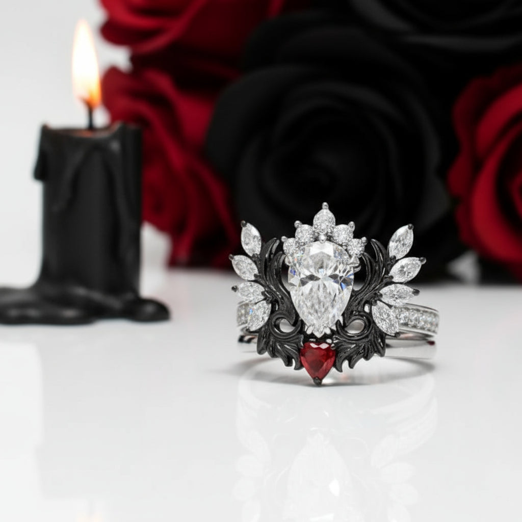 Angel's Wings- 14k White Gold Pear Cut and Red Heart Diamond Option Gothic Promise Ring